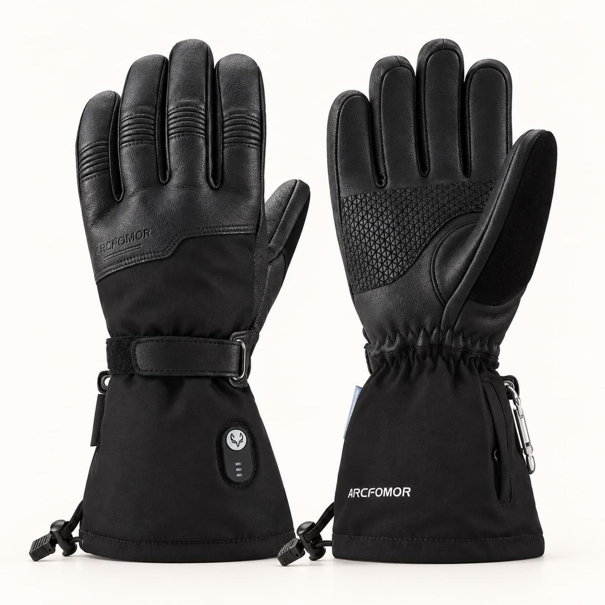 Black Ottawa Nights heated gloves shown from the back and palm, with goatskin panels, wrist straps and long cuffs.